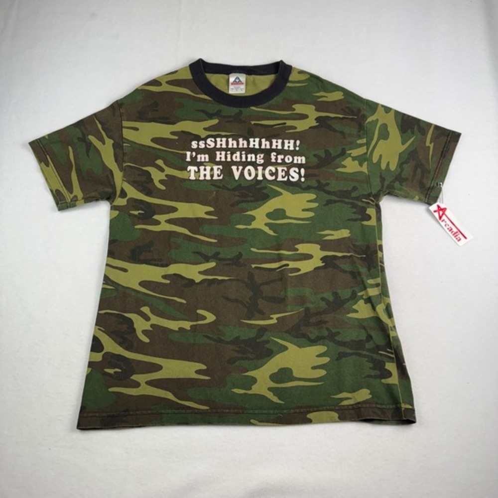 Alstyle Camo Graphic T-Shirt Mens Large Hiding From The‎ Voices Funny Ringer Tee